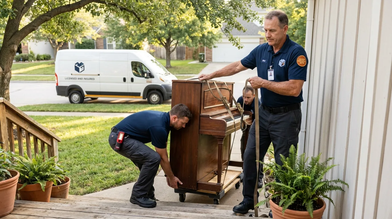 Licensed piano movers securing grand piano in Kingston, RI