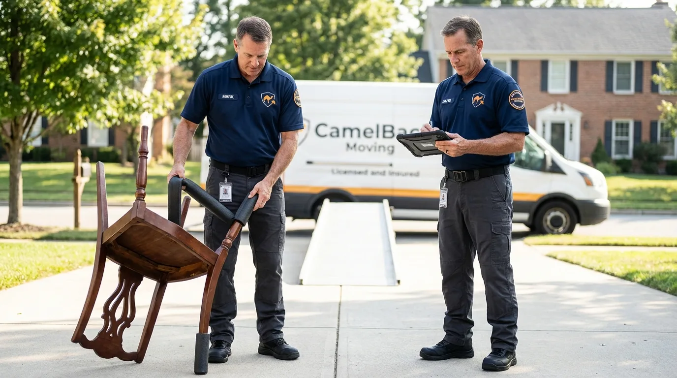 Movers inspecting furniture for damage prevention before loading in Kingston, RI