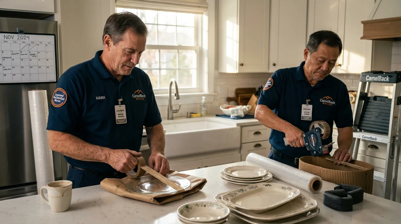 Professional crew packing kitchen dishware in Kingston, RI